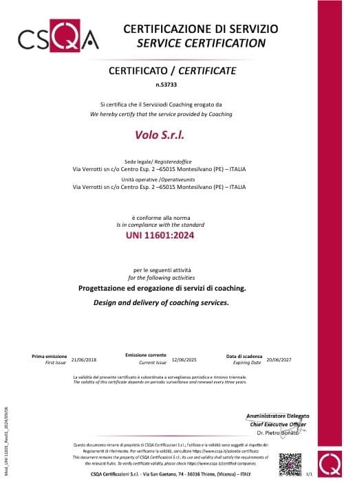 Certificato servizi di coaching certificati UNI 11601: 2024 Prometeo Coaching